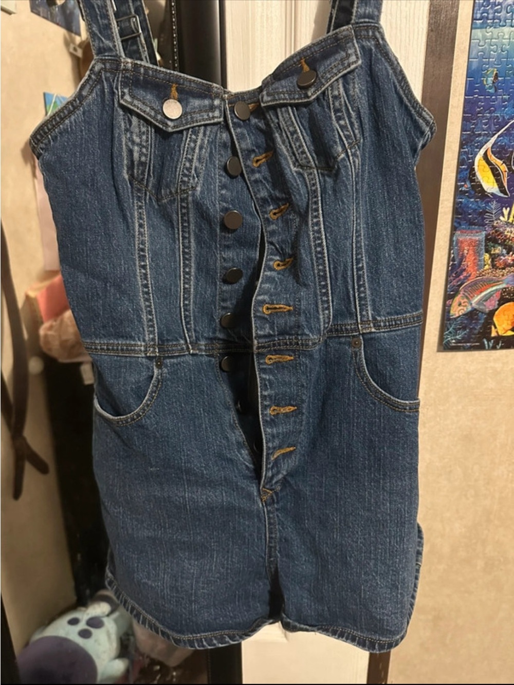 Volcom Dark Blue Denim Button-Front Short Overalls